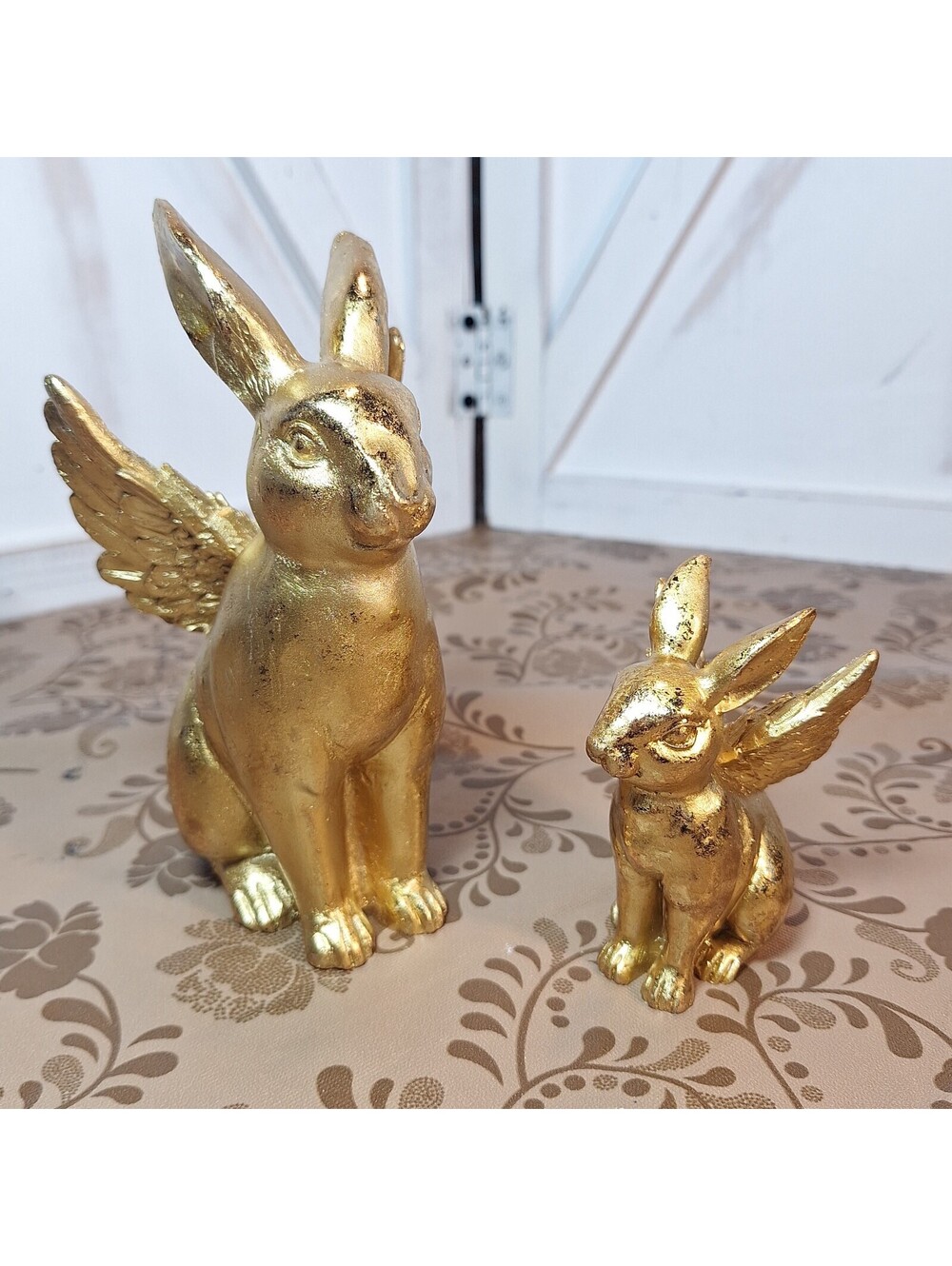 Pair of Gold Gilted Flying Rabbit/Bunny Figurines 3.75" & 5.85"